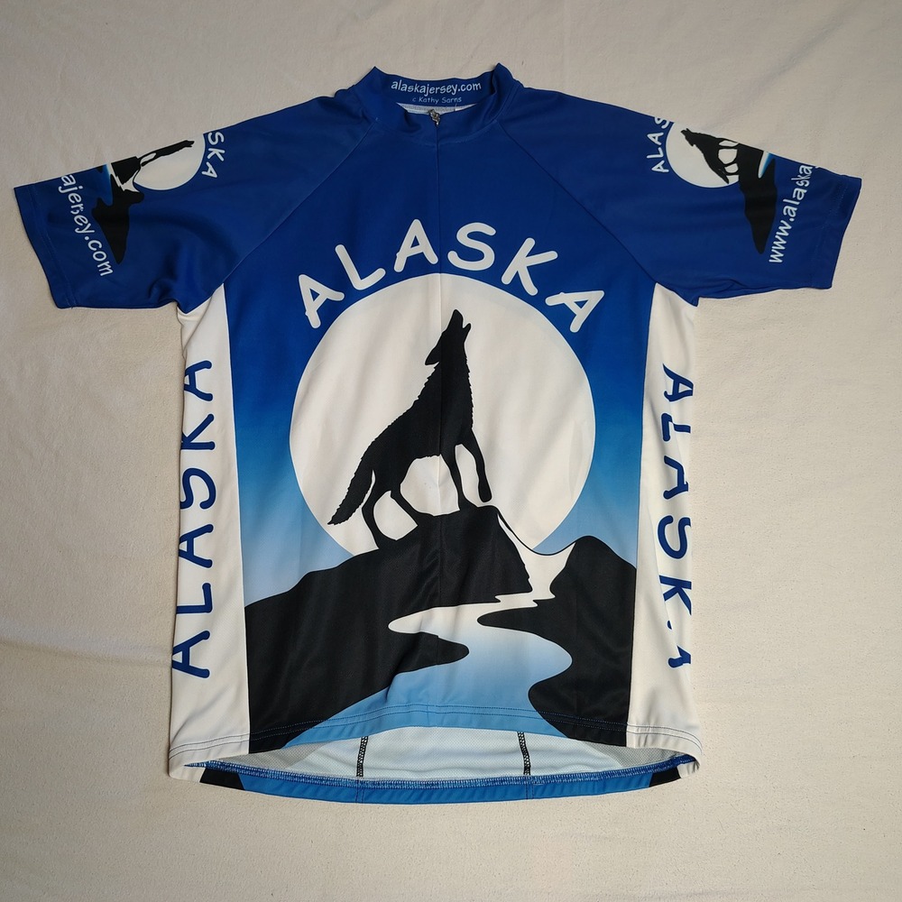 Alaska Wolf Cycling Jersey Men Large Blue Polyester Graphic Champ Sys Bike Shirt